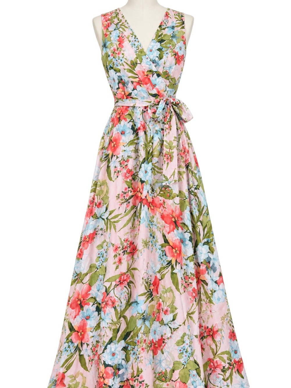 Floral Pink V-Neck Wrap Maxi Dress